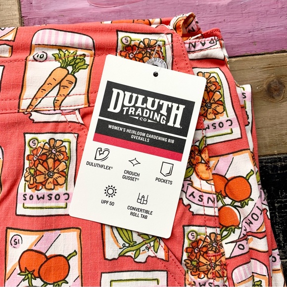 NWT Duluth Medium x31L Heirloom Gardening Bib Overalls Coral Seed Packets Farm - Picture 7 of 8